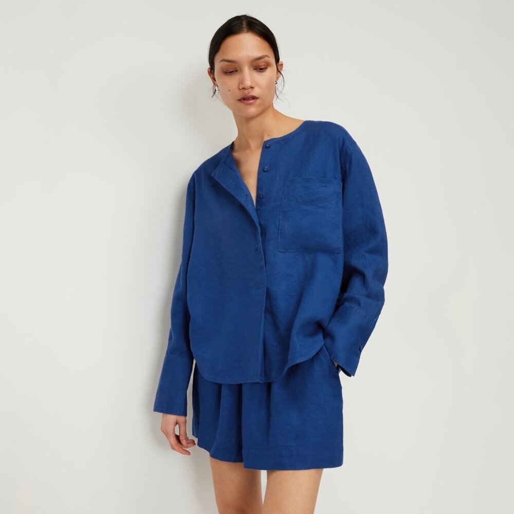Everlane Linen Popover Shirt & Boxer Shorts Set - Mazarine Blue - Size 2/Size S